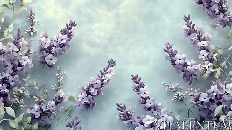 Lavender blooms frame serene misty garden scene.