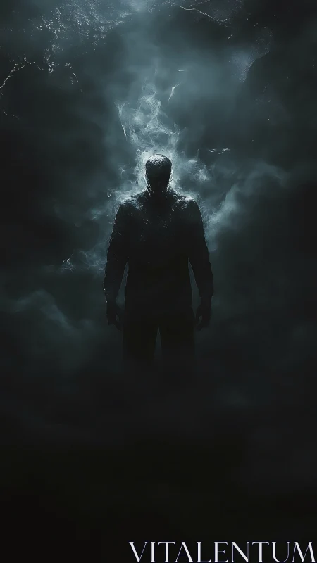 Dark digital painting of a backlit figure in spectral fog.