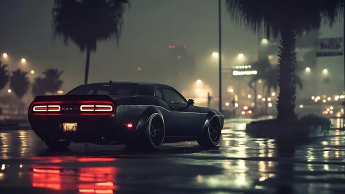 Muscle car taillights burn through wet neon city night