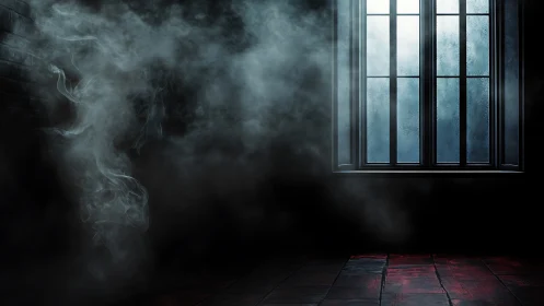 Moody interior with fog-filled dark room and frosted window