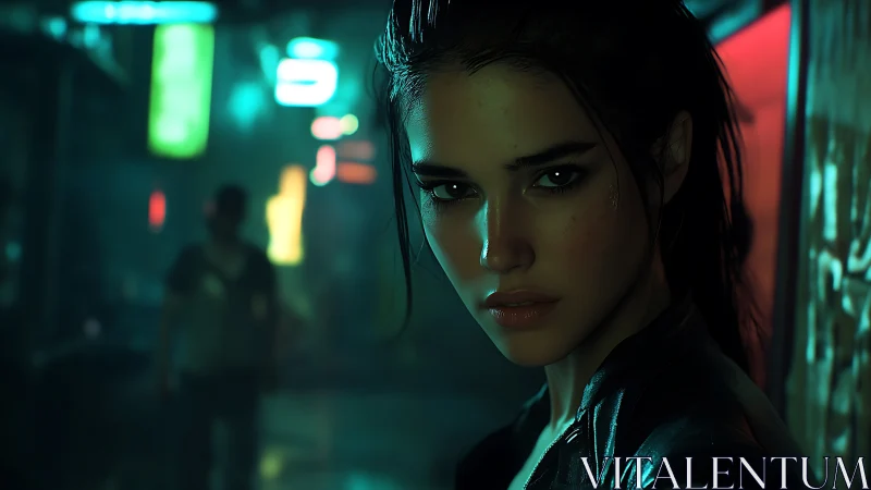Cyberpunk woman studies the neon street with intense focus.
