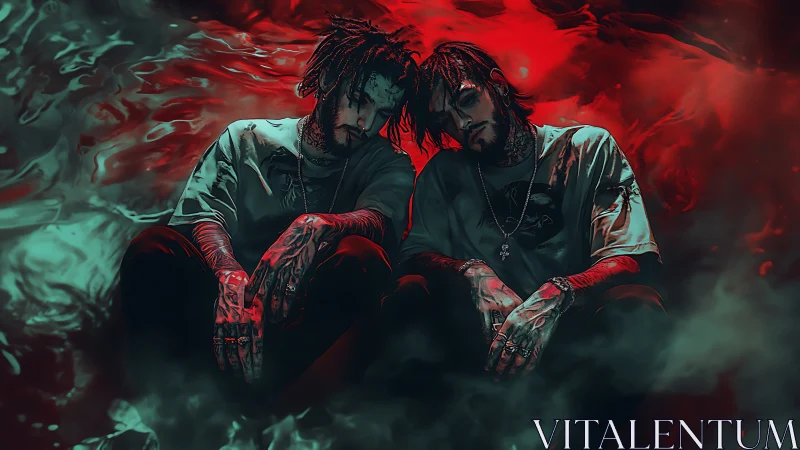Twin tattooed figures seated in red and teal vapor field.