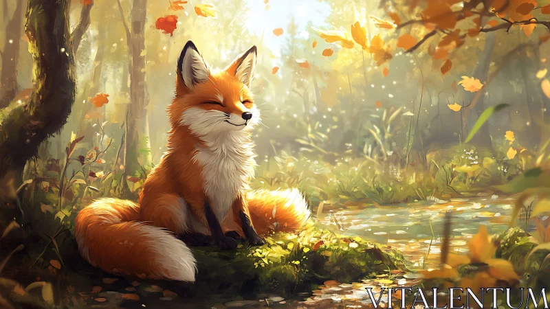 Sunlit fox on mossy forest bank rendered in warm autumn light