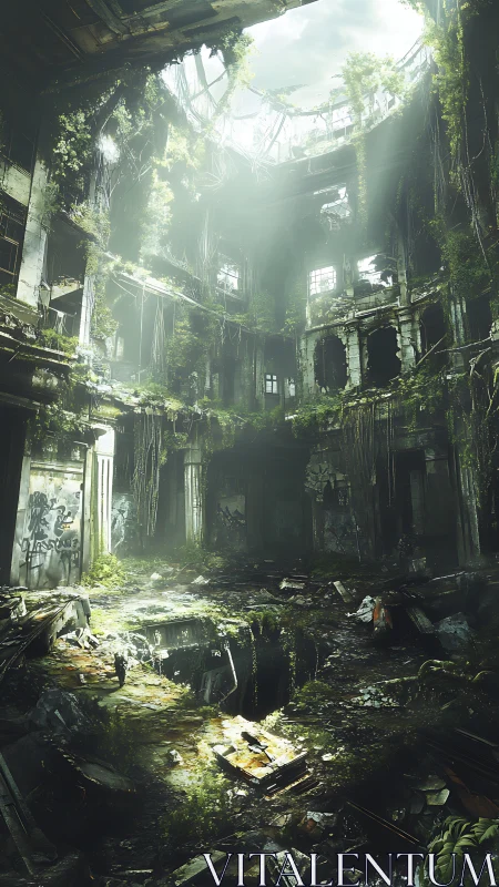 Ruined atrium interior overgrown with vegetation and debris.