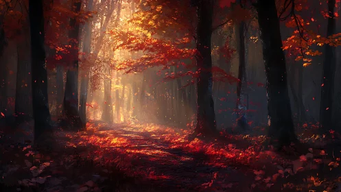 Luminous Forest Path Through Autumn Flames.