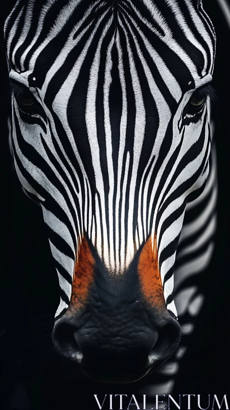 Zebra face close-up shows striped pattern and orange muzzle