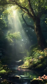 Luminous Forest Stream with Cascading Sunlight Through Ancient Canopy.