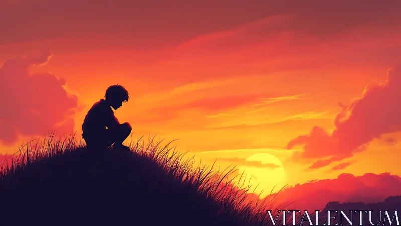 Silhouetted child sits on grassy hill beneath vivid sunset sky