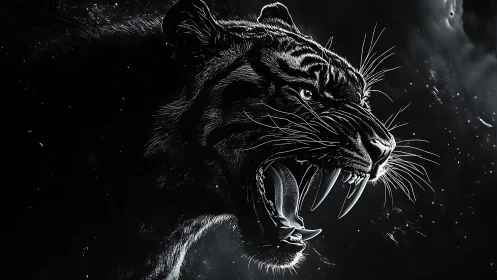 Monochrome digital rendering of snarling big cat profile.