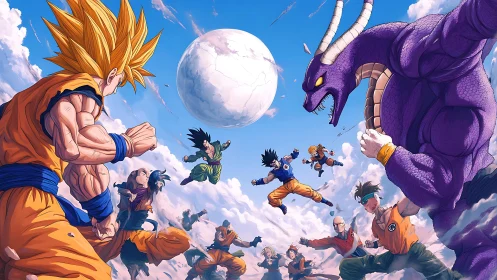 Multiple airborne fighters confront large horned creature