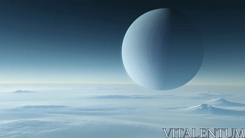 Icy exoplanet horizon beneath looming frozen gas giant