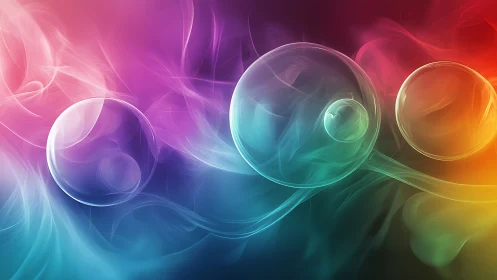 Glowing rainbow bubbles drifting through dreamy color clouds.