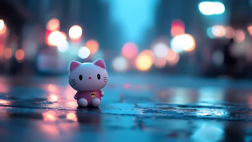 Toy cat figure on wet city street at night in neon light.