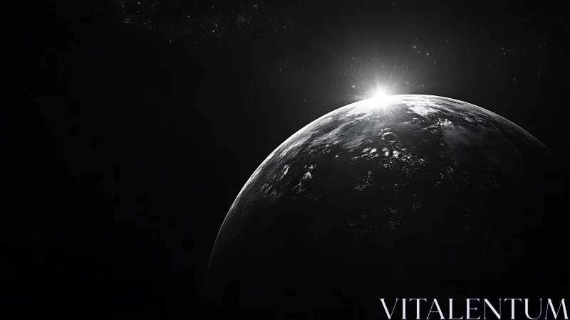 Silent dawn over a shadowed planet in velvet cosmos.