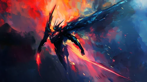 Armored fire angel dives through blazing cosmic storm