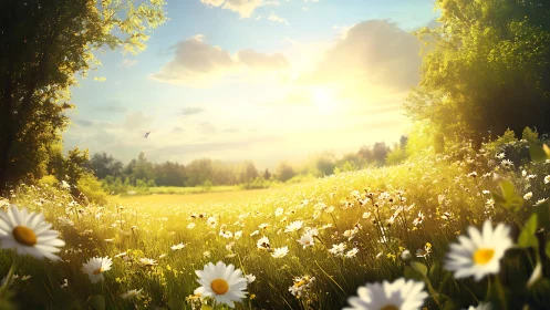 Sunlit meadow with daisies under partly cloudy sky