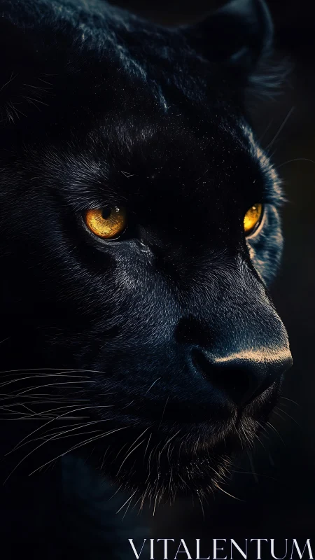 Black Panther with Luminous Amber Eyes in Darkness