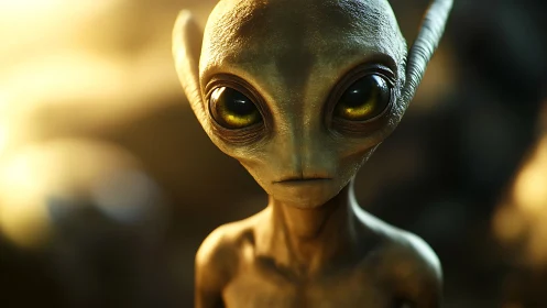 Alien character close-up with large glowing yellow eyes.