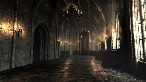 Candlelit gothic hall where dust and secrets hang in air.