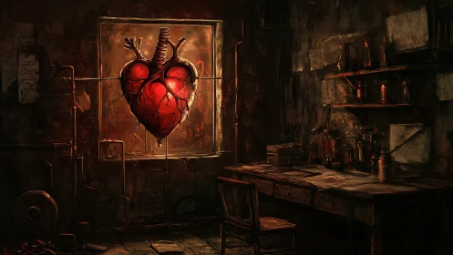 Industrial heart lantern glowing over a forsaken workshop.