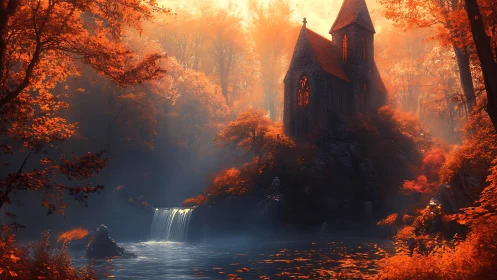 Autumn chapel above misty waterfall in glowing forest dream.