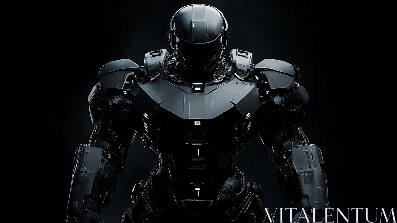 Midnight armored android standing poised in quiet power.
