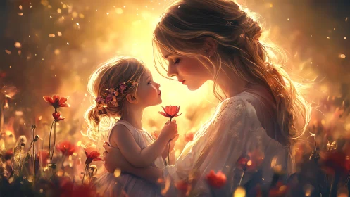 Luminescent maternal figure with child in golden flora field