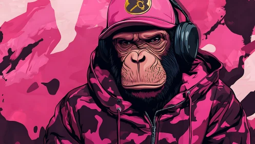 Cool pink chimp leans in with streetwear style and attitude
