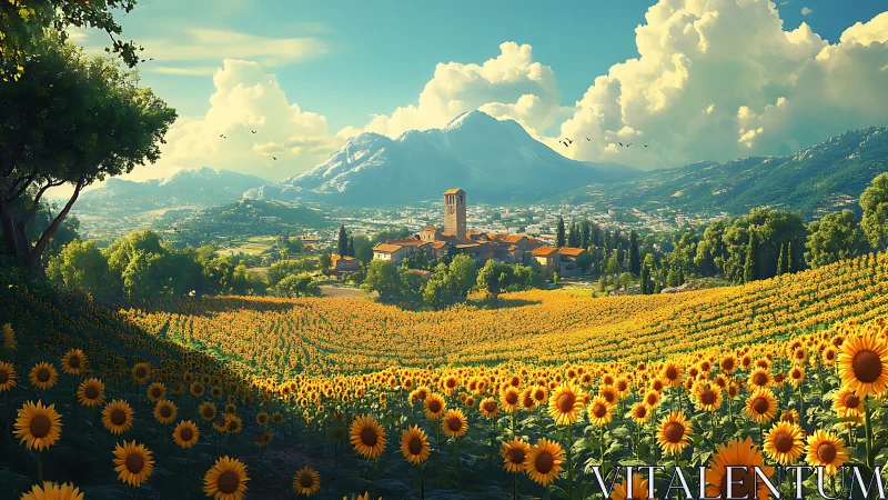 Sunlit sunflower valley embracing a quiet mountain village.