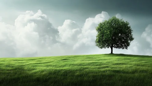 Lone Tree on Lush Green Hill Under Dramatic Cloudy Sky, Realistic Art.