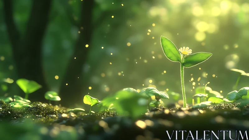 Sunlit seedling with tiny flower rising through mossy forest.