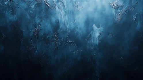 Abstract dark blue textured painting with moody, atmospheric style.