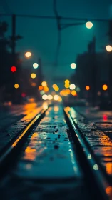 Wet city tram tracks at night with blurred streetlights.