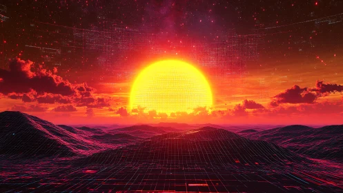 Digital sun over gridded terrain renders a synthetic horizon