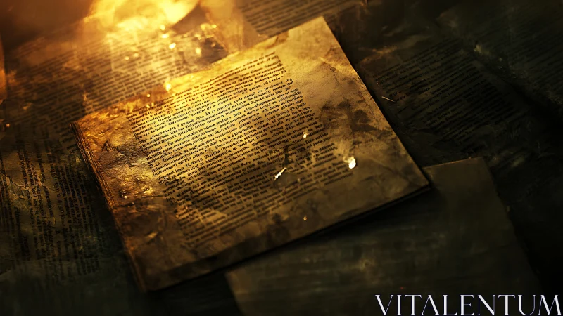 Illuminated aged text page lies on layered printed sheets