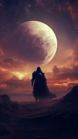 Hooded figure walks toward oversized moon in alien dusk sky