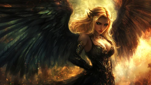 Fantasy digital painting of dark winged fire queen figure.