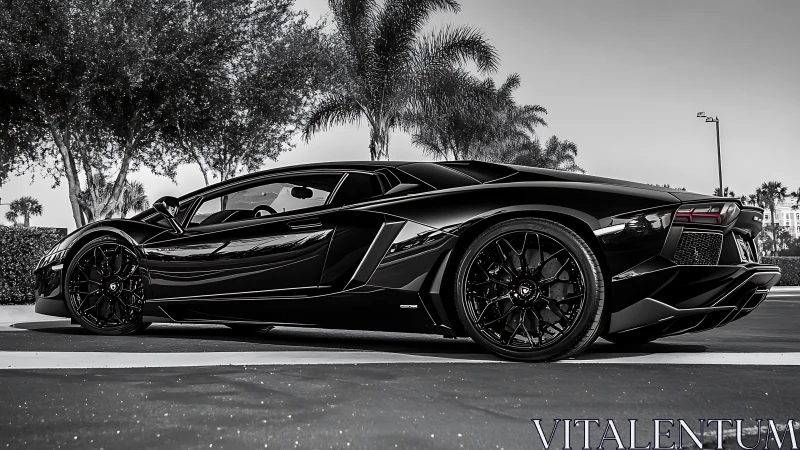 Sleek black supercar gleams under palm-lined boulevard sky.