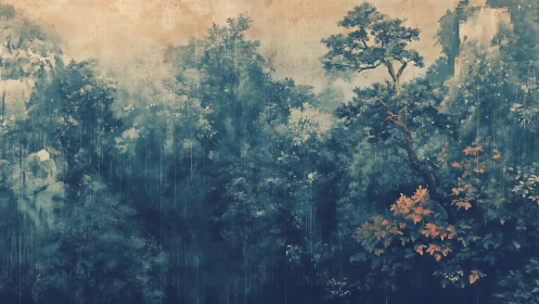 Misty Forest Canopy with Towering Pines and Autumn Accent.