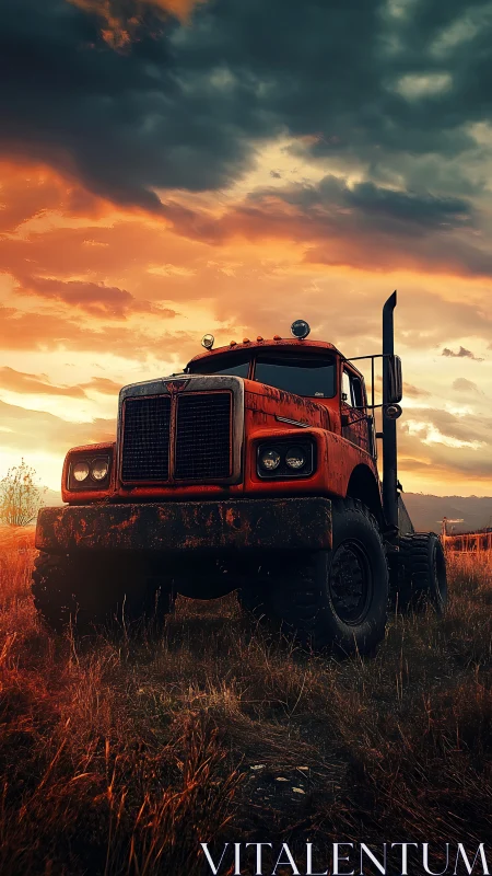 Weathered red truck resting proudly under a glowing sunset.