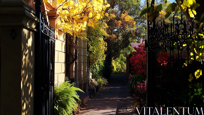 Sunlit garden walkway framed by iron gates and autumn leaves