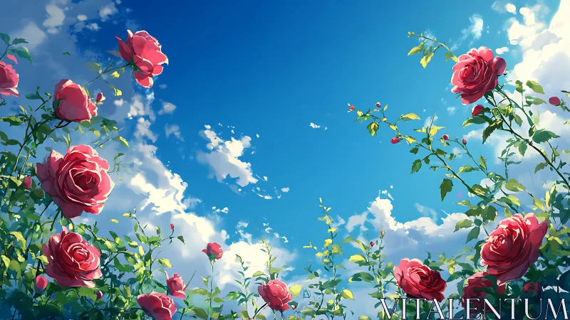 Anime rose garden under bright summer sky panorama.