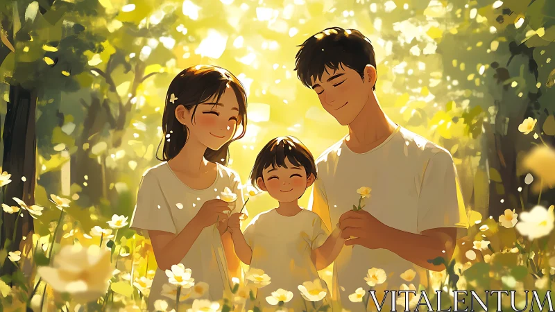 Sunlit family moment surrounded by soft spring blossoms.
