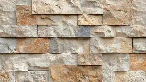 Stacked Natural Stone Wall With Textured Beige and Brown Blocks.