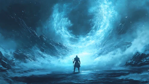 Lone figure facing luminous vortex in icy blue void.