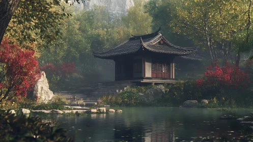 Lakeside pagoda nestles in misty forest garden sanctuary.