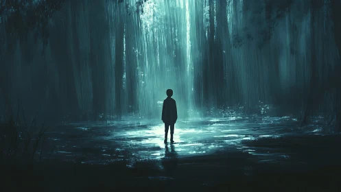 Solitary silhouette in teal-illuminated mist forest clearing.