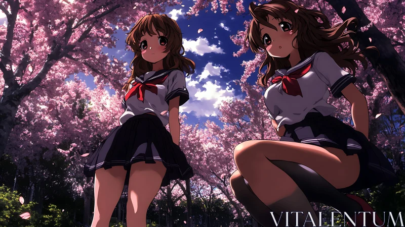 Two schoolgirls under cherry blossoms in vivid spring light.