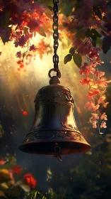 Ornate bronze garden bell under golden floral backlight.