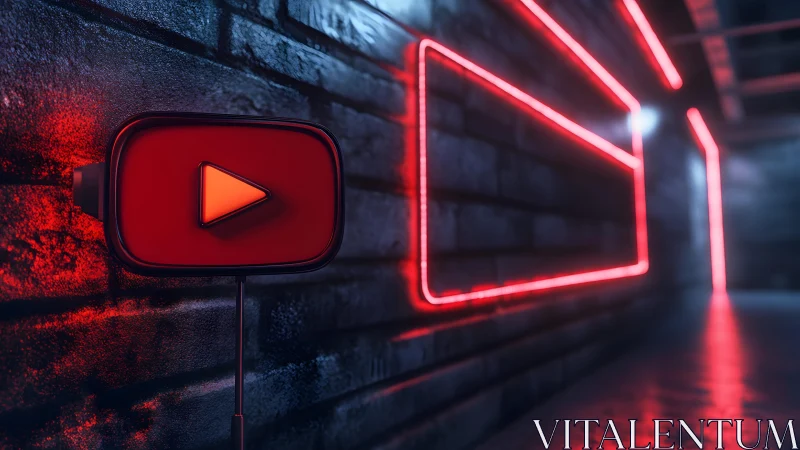 Neon YouTube Play Button in Futuristic Urban Alleyway Scene.